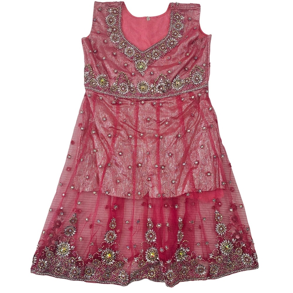 Girls Pink Embellished Indian DesiTunic Skirt Set Size 10 Beaded Sparkly Festive